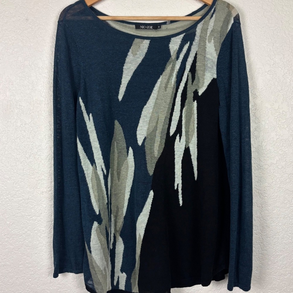 NIC+ZOE Womens Abstract Brushstroke Linen Blend Top Women Sz M Medium Artsy Boho